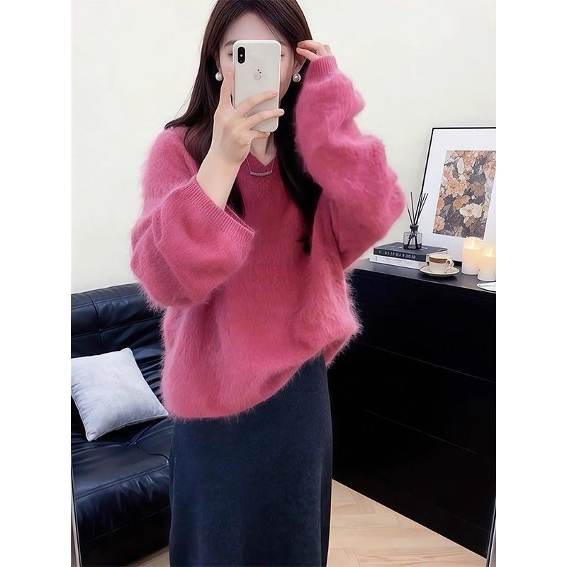 巨显白！毛绒绒温柔毛衣女2025冬季保暖新款氛围感玫红针织衫上衣
