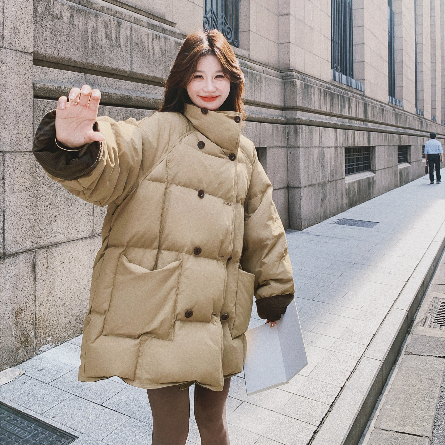 韩系复古双排扣撞色羽绒服女2025冬季新款灯芯绒拼接90白鸭绒外套