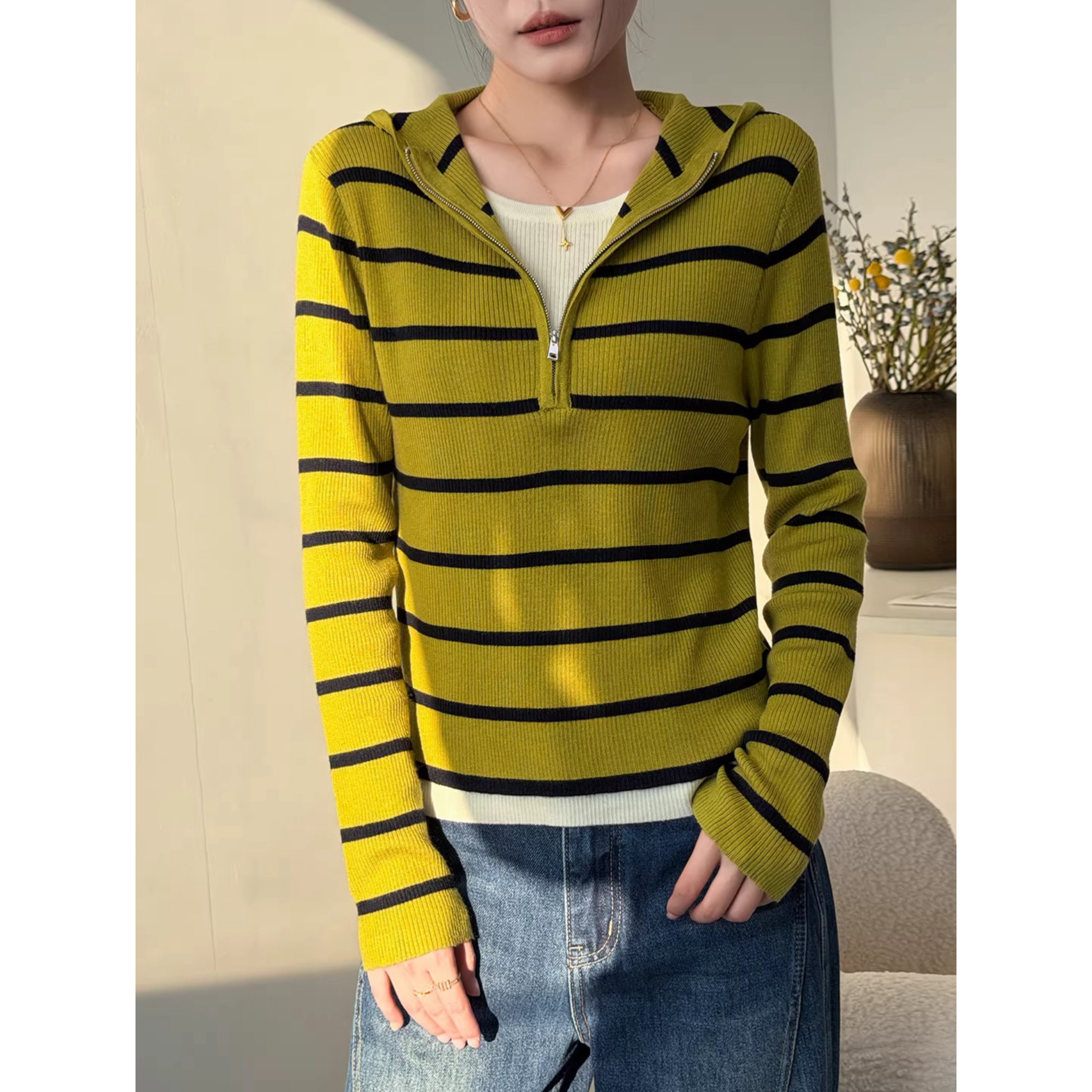 假两件条纹毛衣女款2025新款冬季长袖内搭打底连帽卫衣可外穿上衣