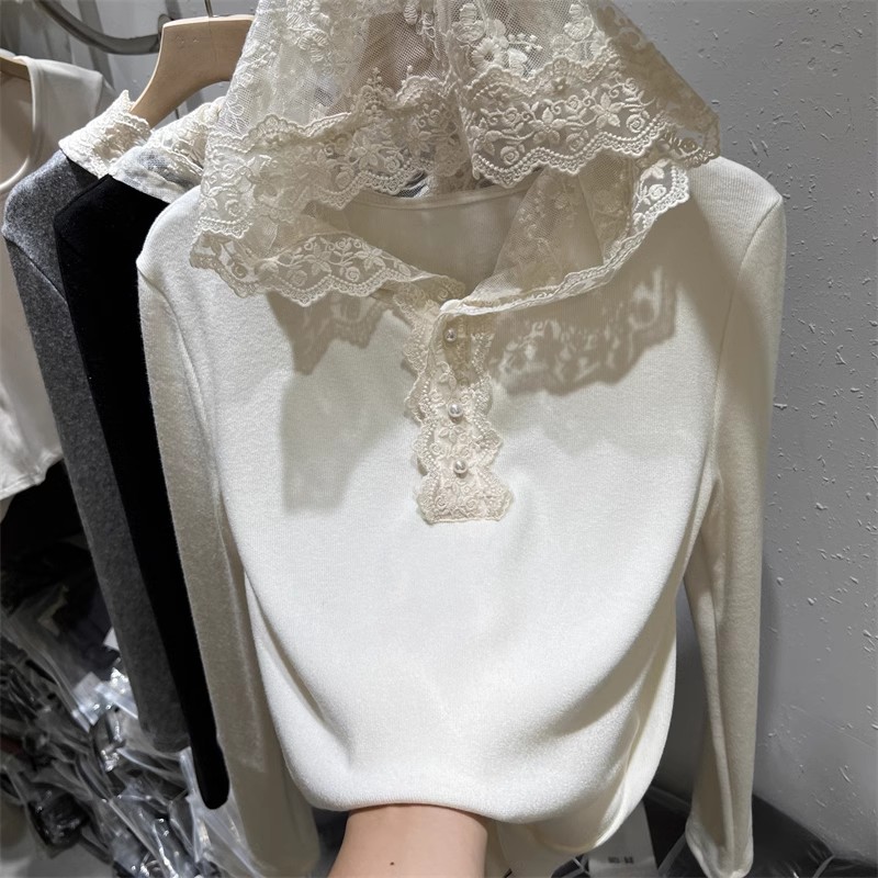 中大童蕾丝连帽打底衫2025女童洋气春装T恤儿童长袖针织衫