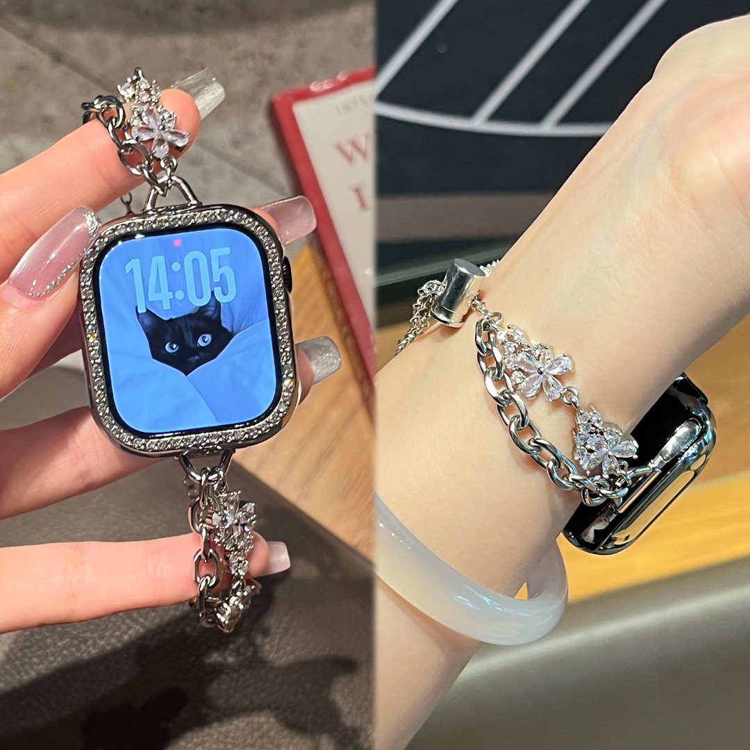 适用iwatch苹果手表表带s10金属S9水晶花镶钻JY腕带s876女款夏天