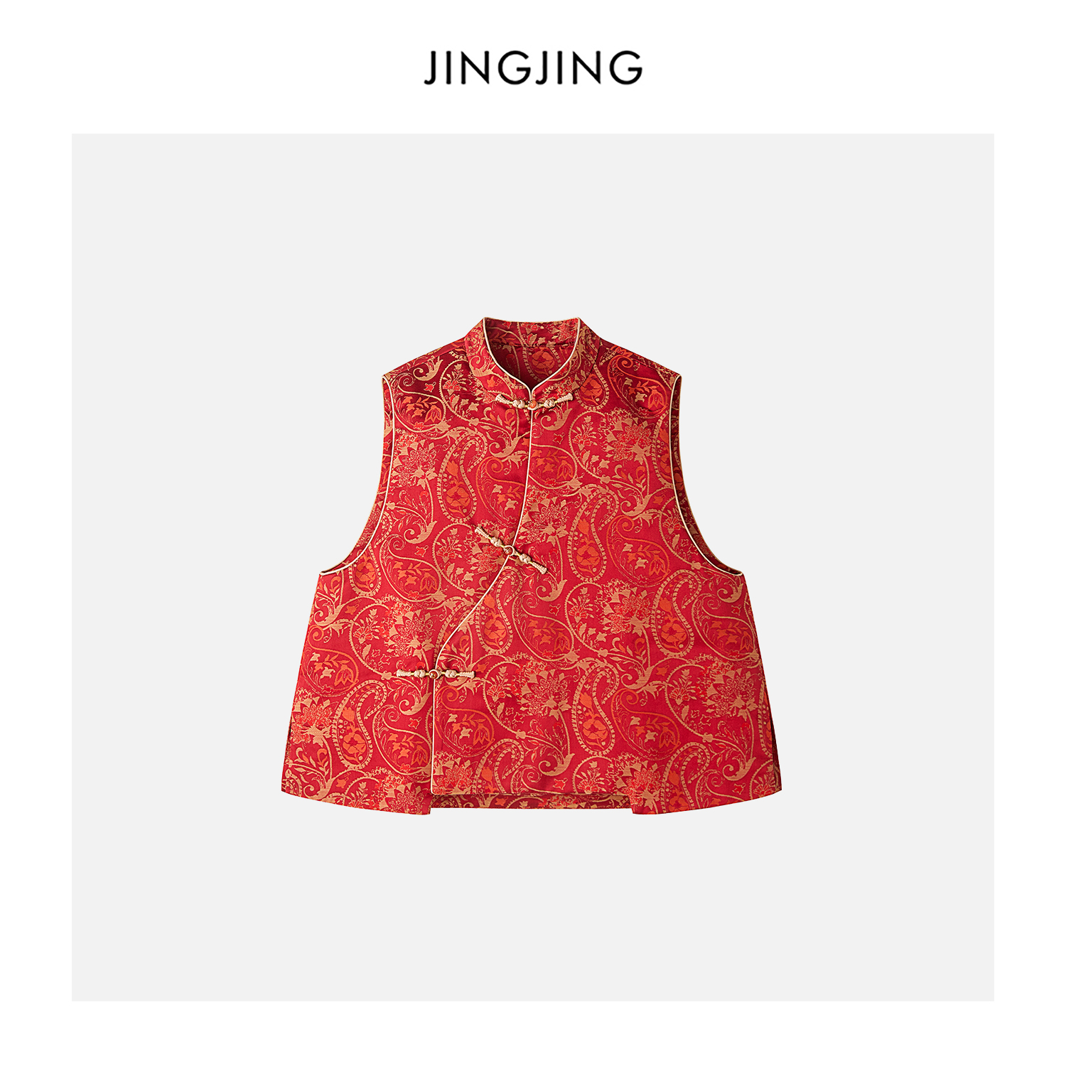 JINGJING2025新款“朱韵腰果”桑蚕丝40姆米佩利斯纹立领国风马甲