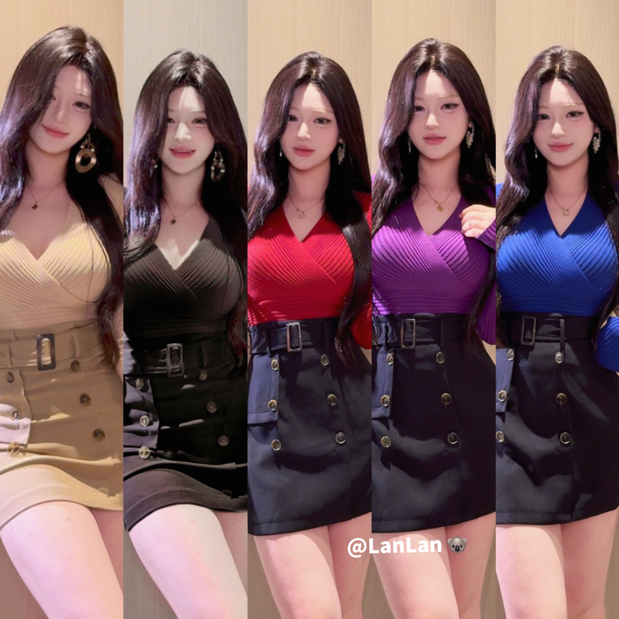 Lanlan-【秋日牧野】辣妹复古性感v领长袖上衣百搭裙子长短裙套装