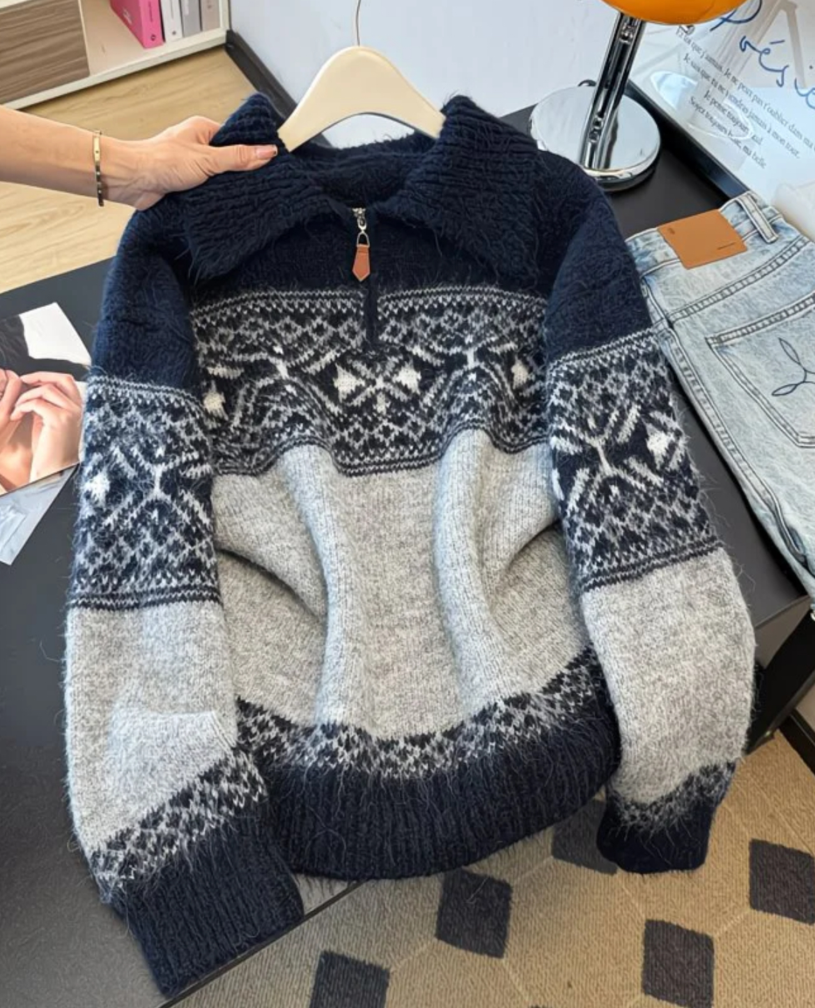 费尔岛撞色毛衣套头女韩版秋冬新款加厚软糯针织衫上衣