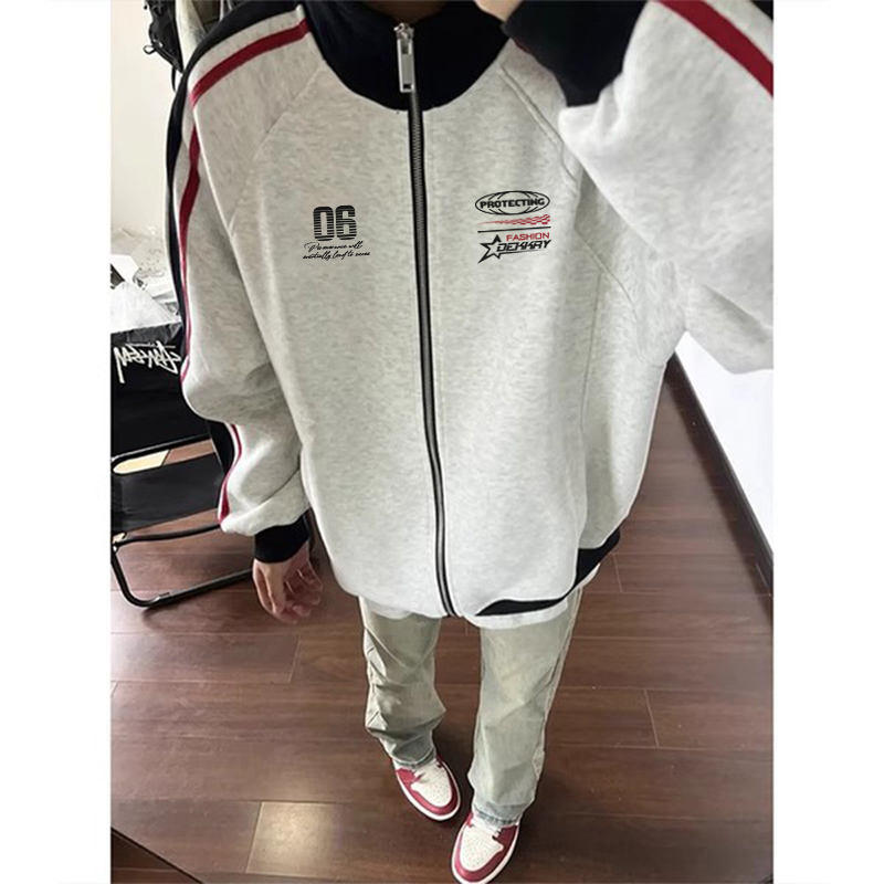 美式复古字母印花开衫立领卫衣男秋冬季潮牌百搭宽松撞色条纹外套