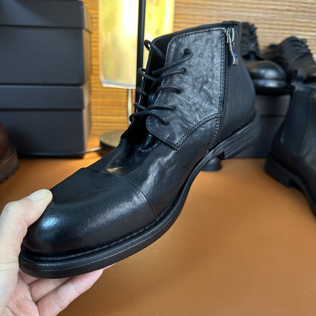 马皮手工固特异三接头侧拉链中帮系带英伦风商务休闲男靴