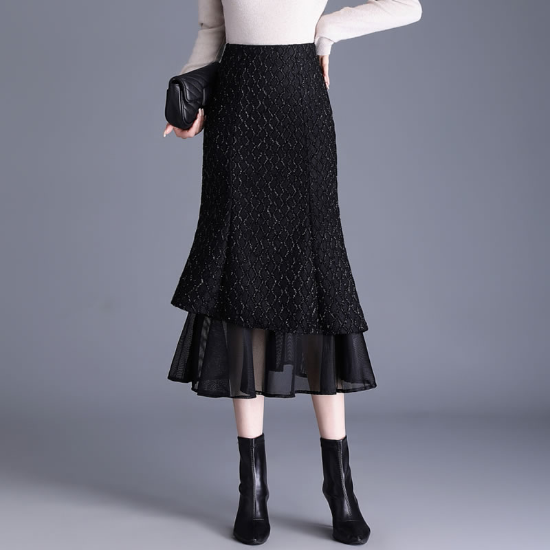 小香风银丝鱼尾裙半身裙女2025新款秋冬高腰中长裙加厚a字包臀裙