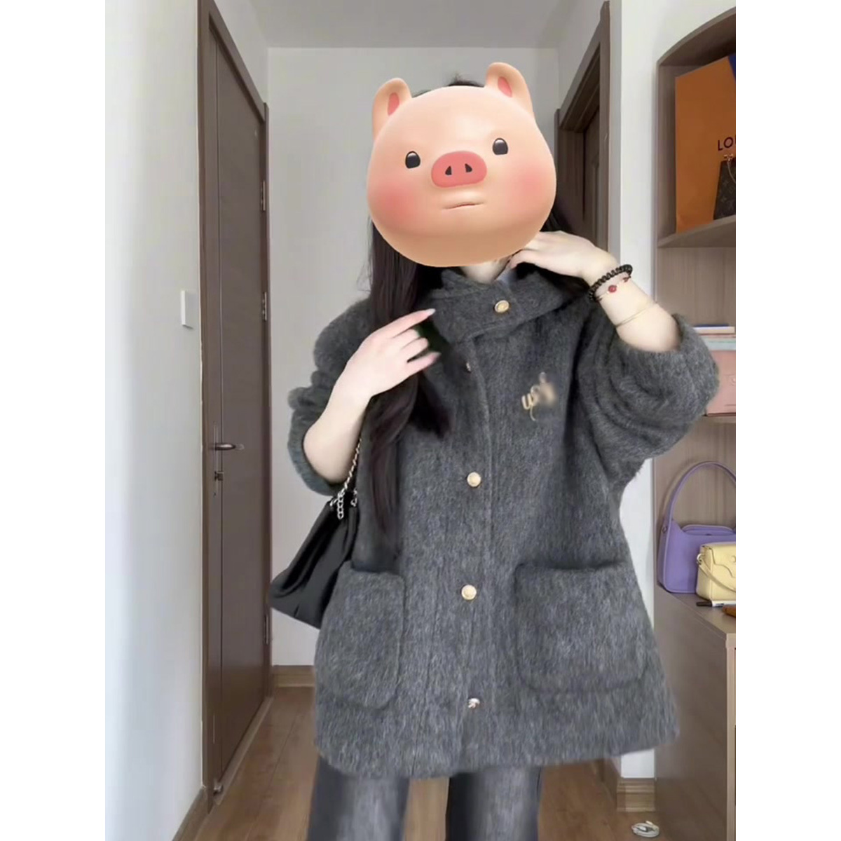 韩系高级感深灰色连帽毛呢外套女秋冬季超好看宽松显瘦设计感上衣