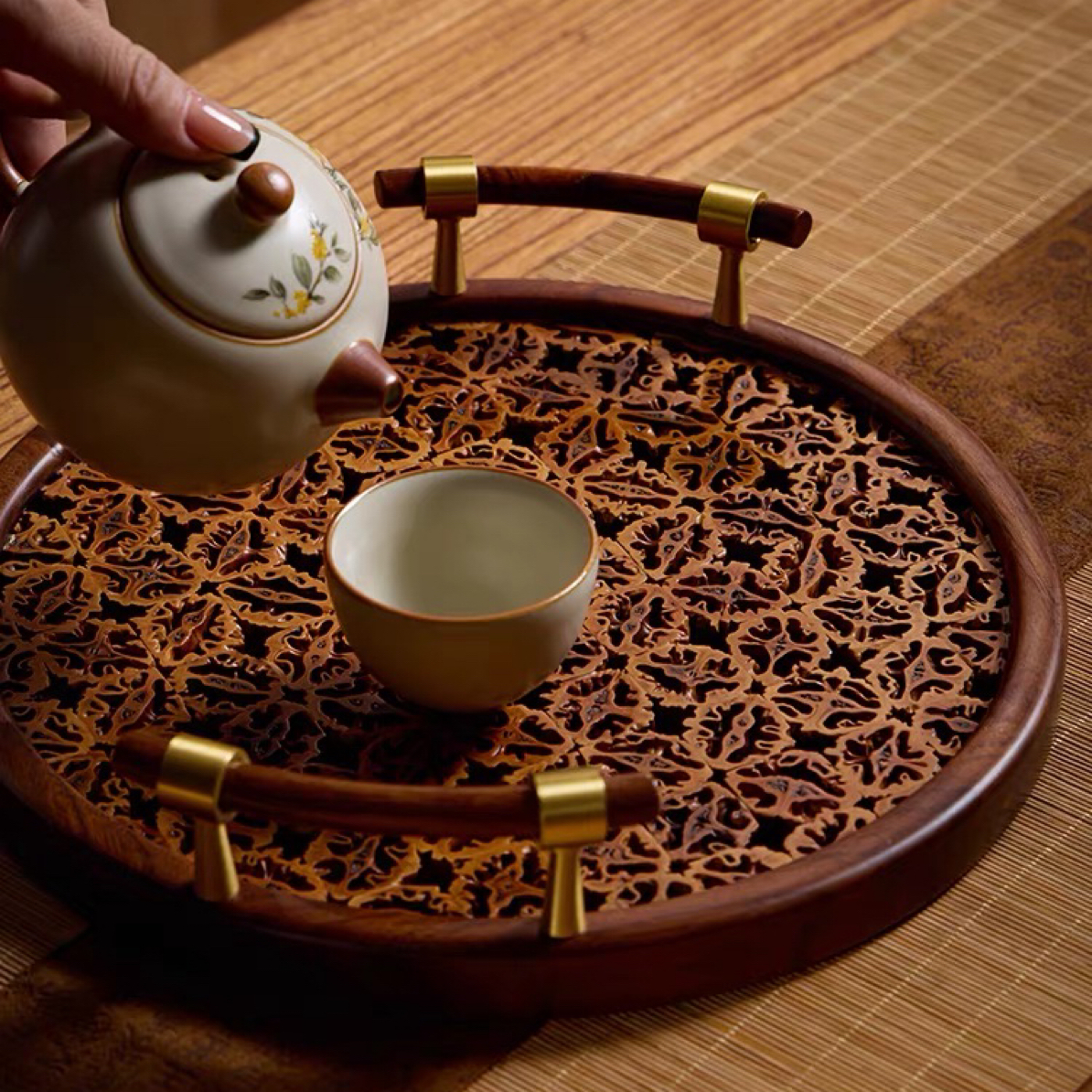 北美胡桃木拼核桃圆形复古茶盘干泡台中式家用纯手工茶托盘 BGY
