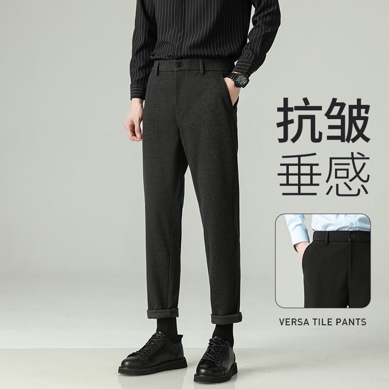 秋冬新款微锥毛呢小西裤男士松紧直筒长裤抗皱显瘦休闲裤加厚保暖