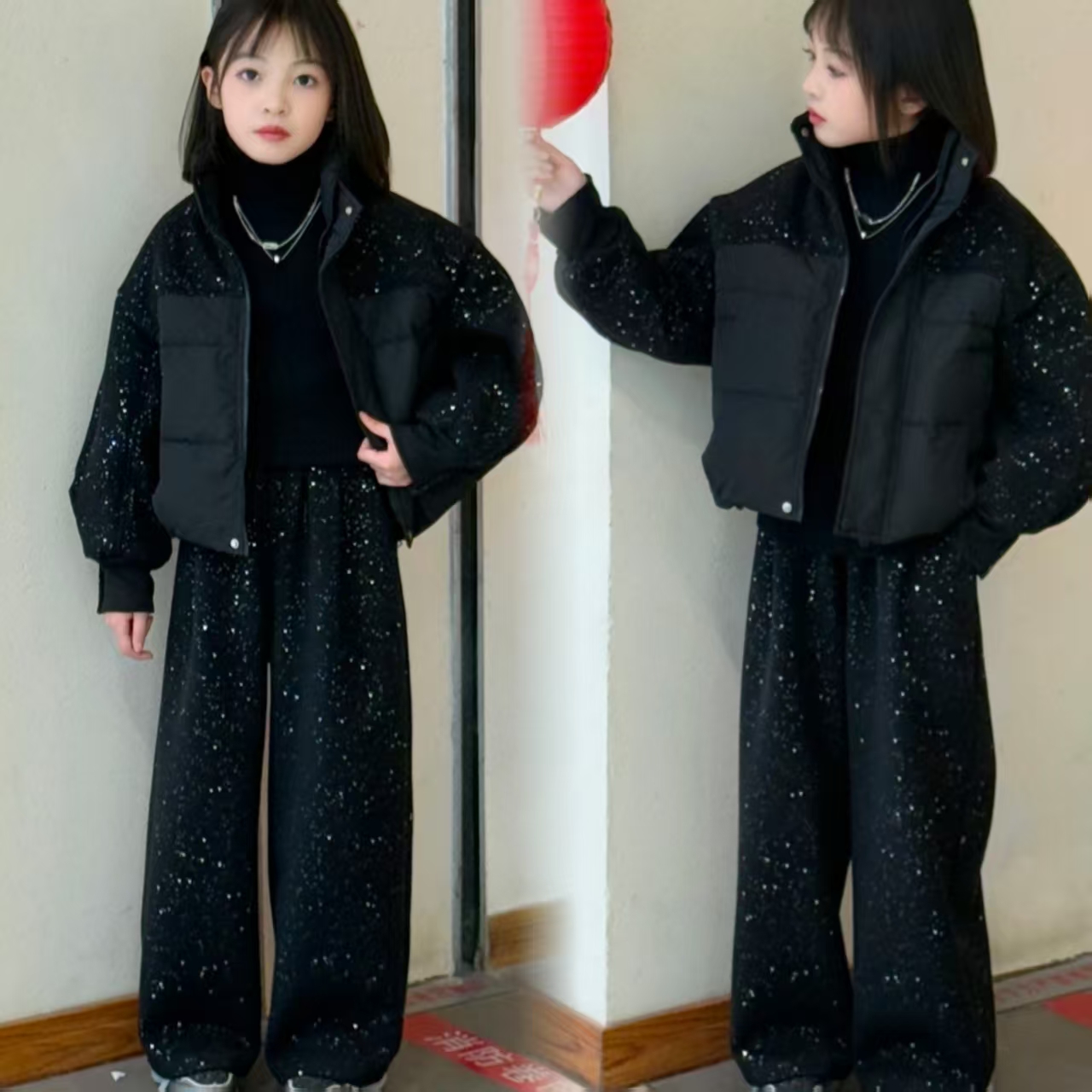 中大童2025冬季新款满天星短款棉衣拼接棉服休闲直筒裤套装两件套