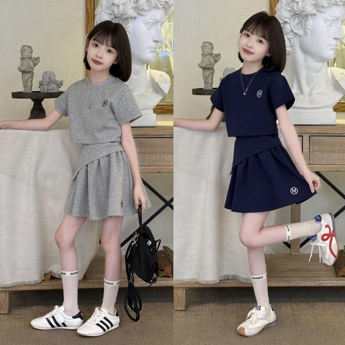 女童短袖短裙韩系套装夏2025新款儿童夏季薄款运动百褶裙两件套潮