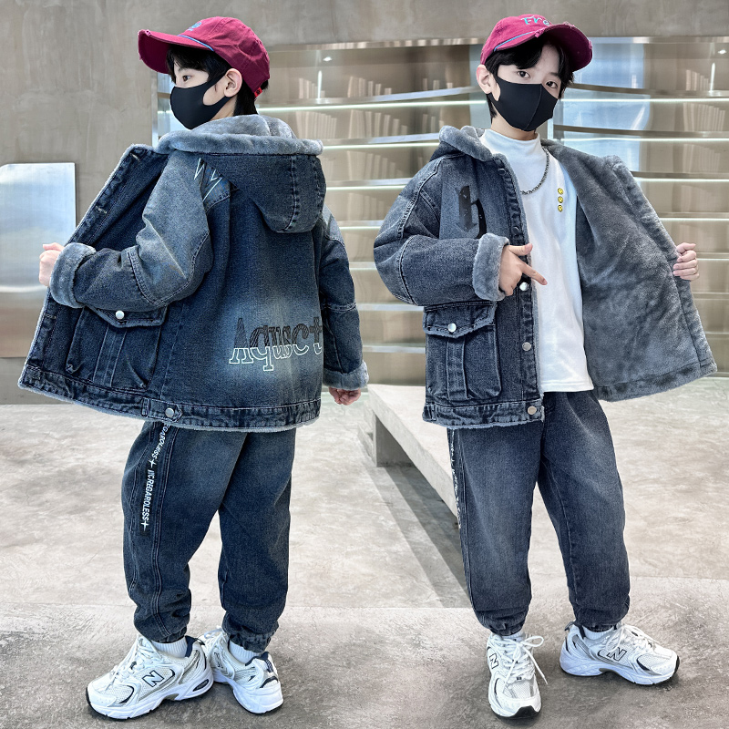 男童加绒套装冬季2025新款儿童冬装牛仔两件套中大童男孩加厚衣服