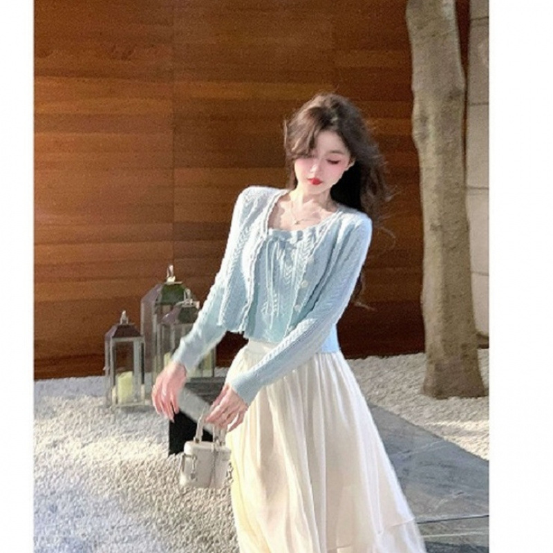 女家薄荷小调/蓝色针织开衫春装女年新品早春背心穿搭套装上衣