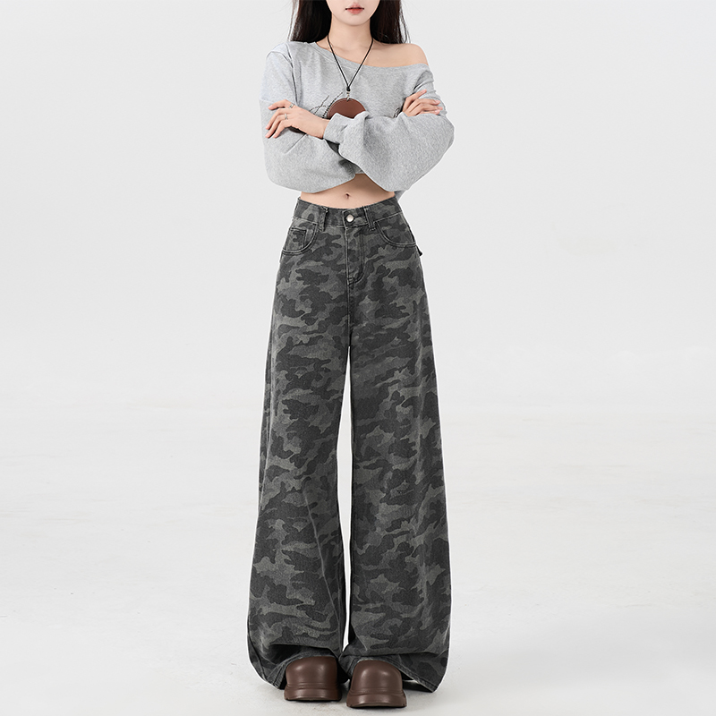 美式高街迷彩阔腿女2025年灰色高腰宽松夏季显瘦工装拖地牛仔裤子