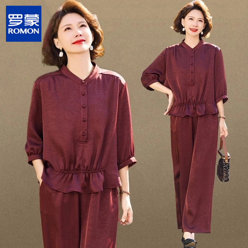罗蒙妈妈夏装喜婆婆婚宴套装中老年女夏季短袖T恤上衣两件套大码