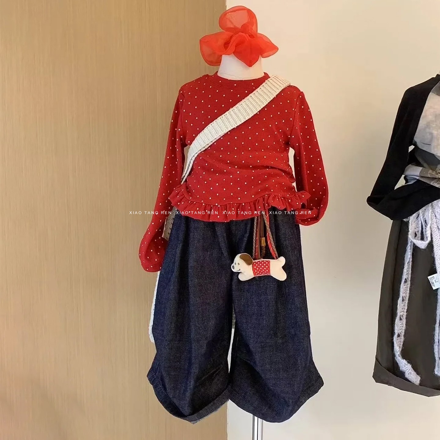 韩版女童秋季套装新款小女孩甜美复古红色波点长袖T恤牛仔阔腿裤