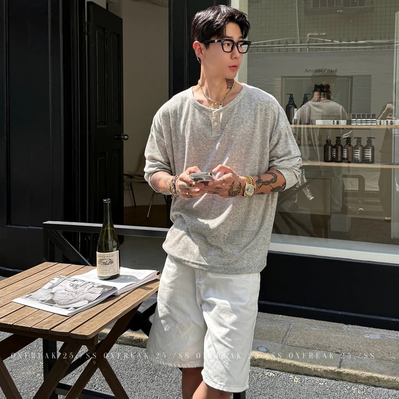 LIGGICC【人夫感 老钱风】早秋亨利领长袖t恤男秋季薄款防晒上衣