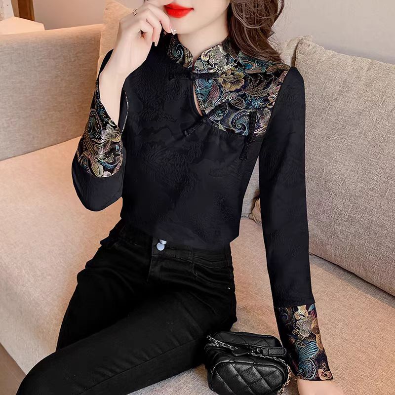 2025打底T恤新款春秋复古老花拼接工艺国风女装韩系宽松显瘦上衣