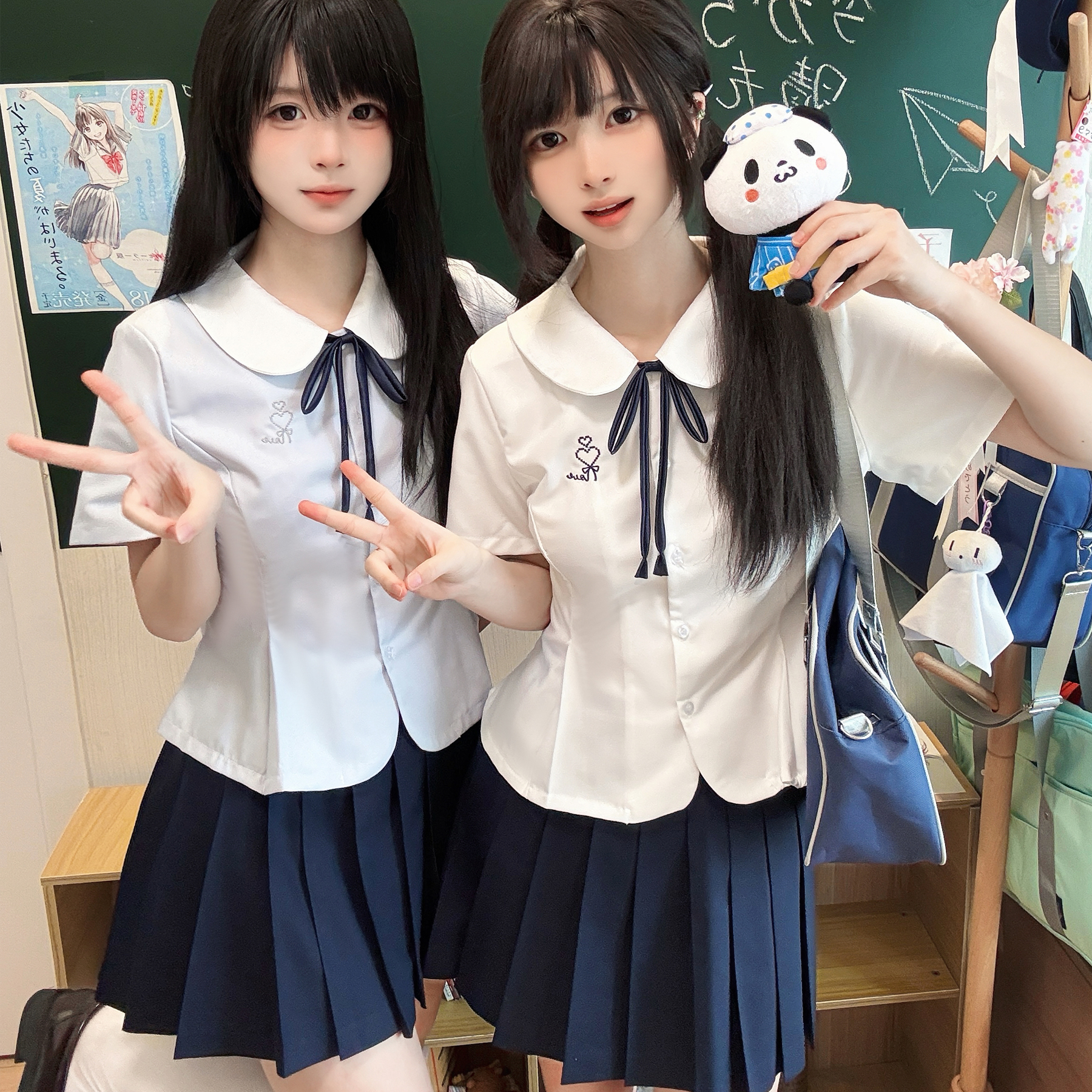 月璃初/小狐町原创jk短袖衬衫收腰jk制服学院风圆领刺绣衬衫套装