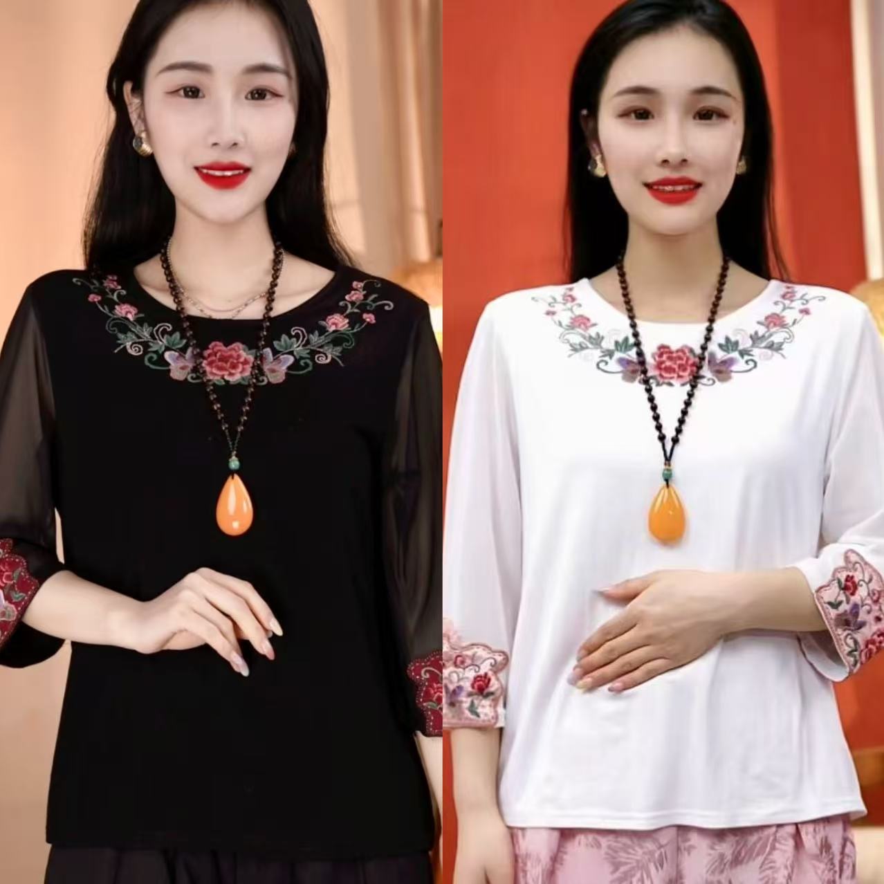 引卷  原创重工刺绣宽松型圆领民族风七分袖T恤