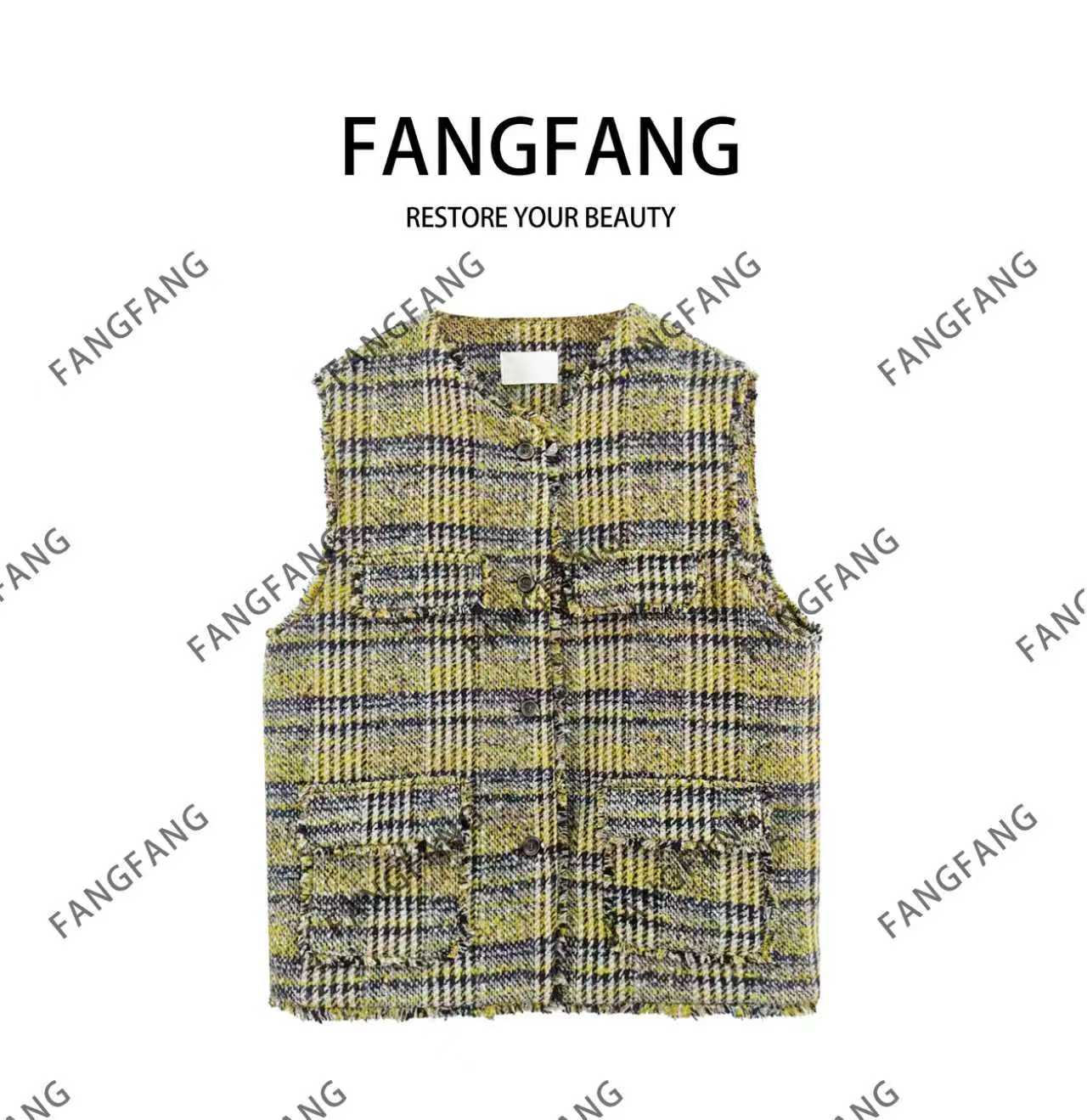 F.F冬季中长款常规马夹女宽松型马夹格纹百搭小香风秋季20581