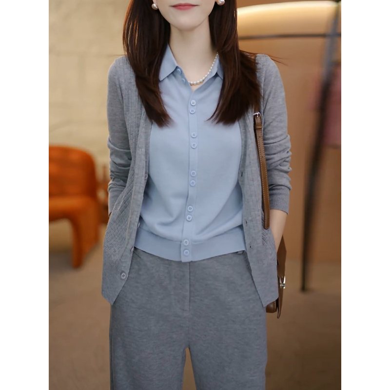 假两件撞色翻领针织开衫女2025秋季新款胖mm遮肉显瘦气质毛衣外套