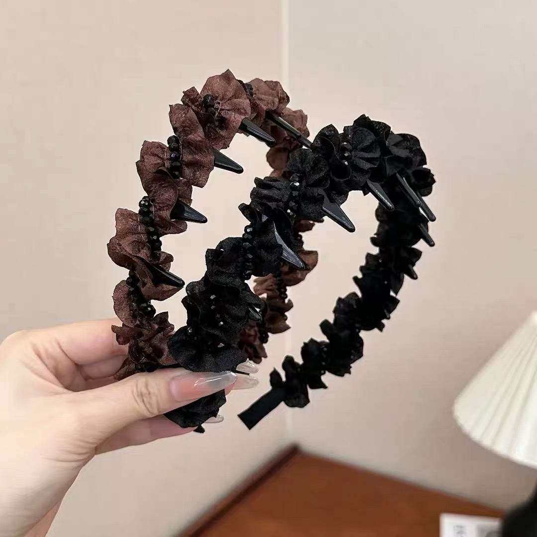 法式木耳褶皱珠珠缠绕发箍2025新款高颅顶洗脸防滑带齿头箍头饰