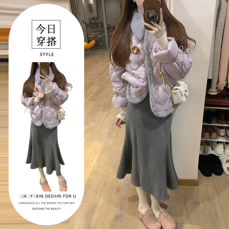 紫色棉服套装裙秋冬一整套穿搭高级感气质小香风加厚保暖外套裙子