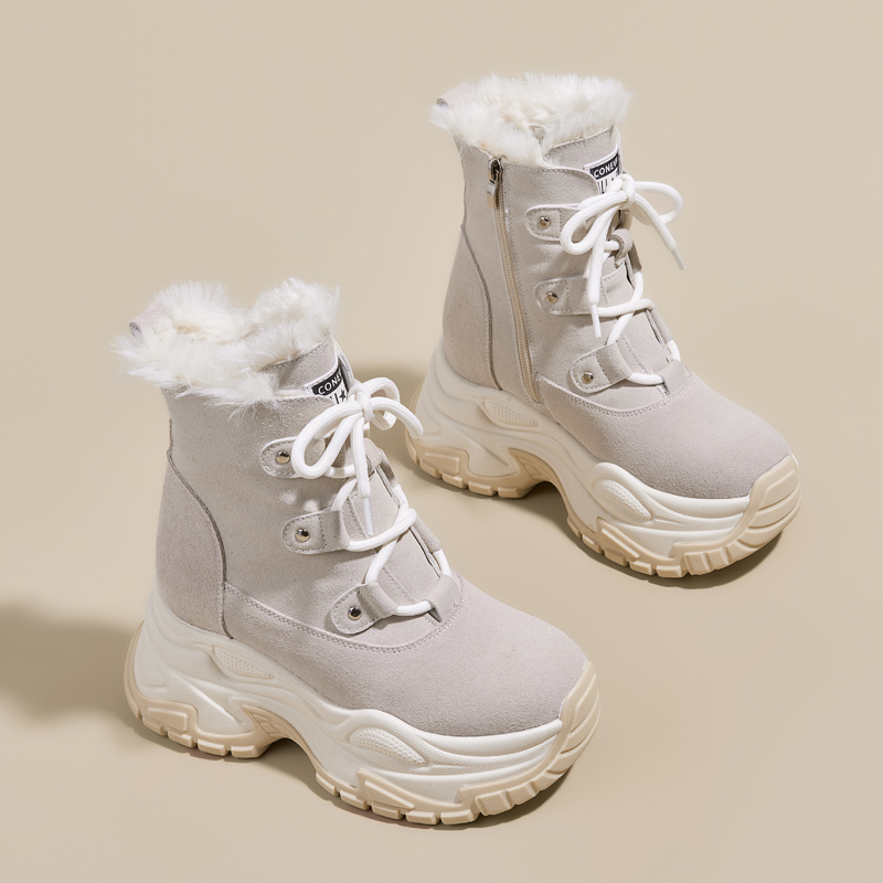 磨砂皮时尚雪地靴女款系带雪地靴短靴靴子加绒保暖