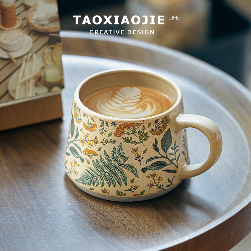 复古花季手绘陶瓷马克杯大容量带盖家用燕麦咖啡水杯子礼物女送礼