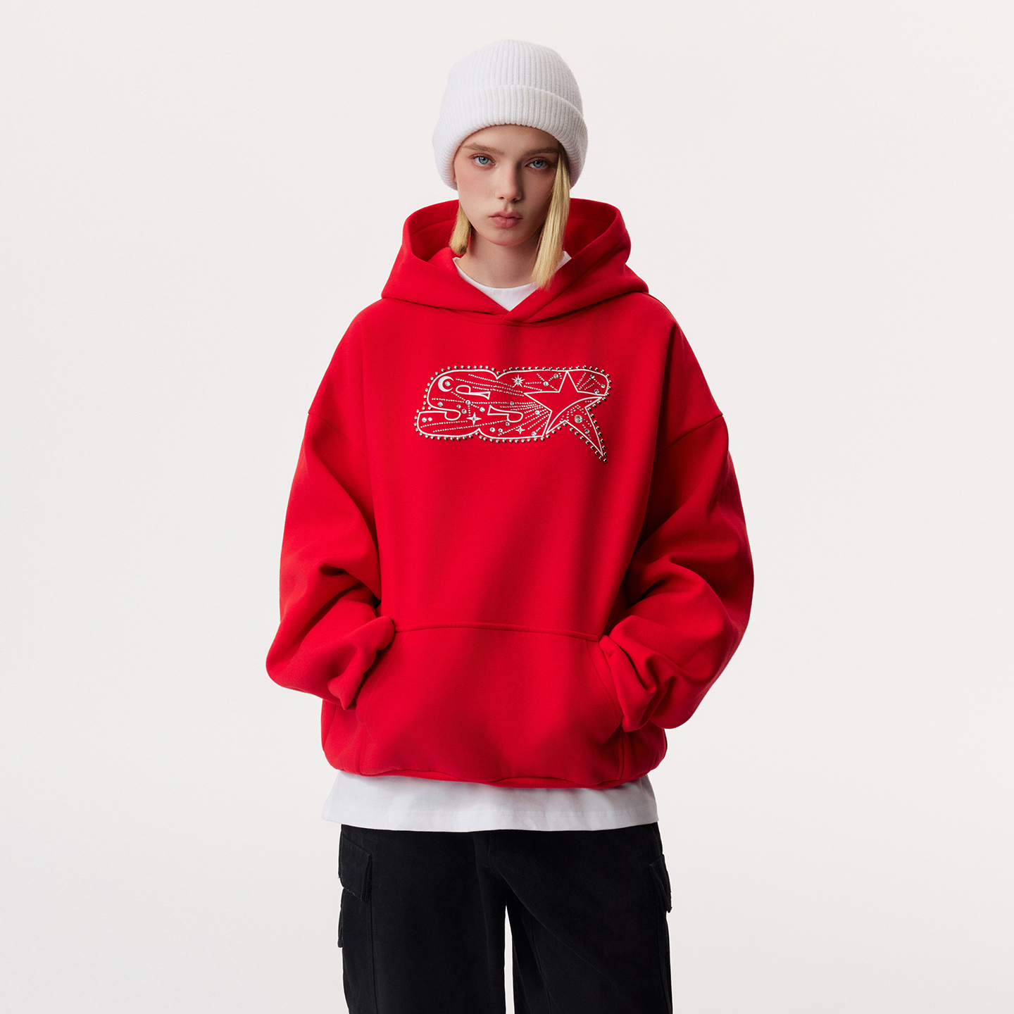 SSR“星轨”烫钻宽松连帽卫衣 保暖帽衫外套男女