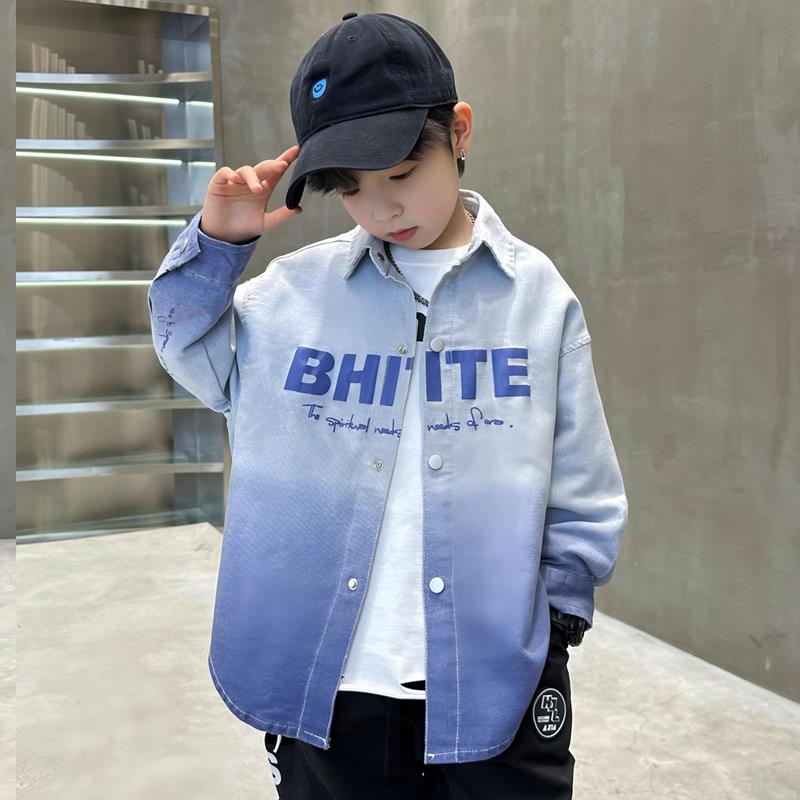 男童渐变外套春秋款2025新款儿童秋装衬衫棉中大童衬衣薄款痞帅