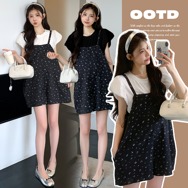 孕妇夏装套装2025夏季新款可调节宽松大码背带裤+泡泡袖冰感上衣