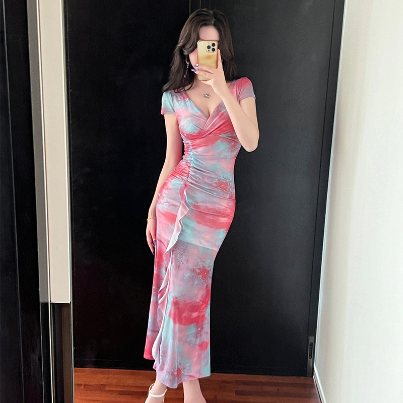 时尚气质辣妹V领短袖性感连衣裙荷叶边紧身长裙透视夜场上班衣服