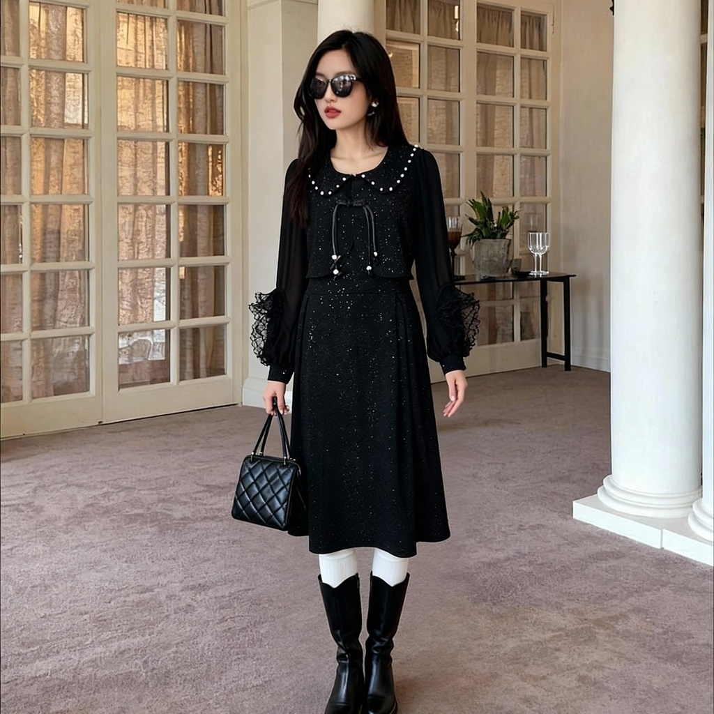 翻领镶钻盘扣流苏长袖连衣裙胖妹妹大码女装满天星中长款小黑裙