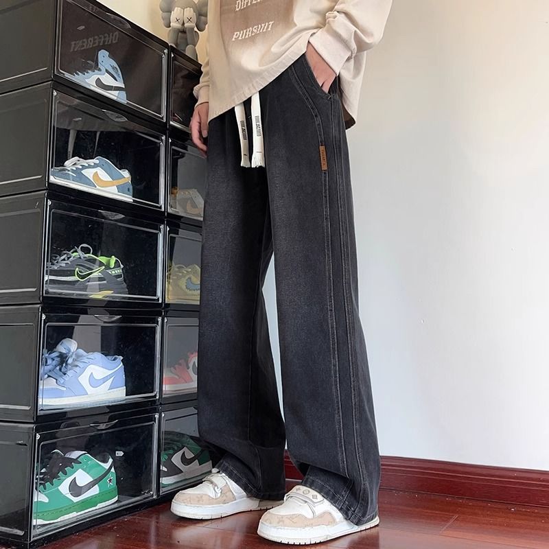 秋季抽绳款牛仔裤春秋宽松潮流复古港风运动休闲裤男士百搭韩版