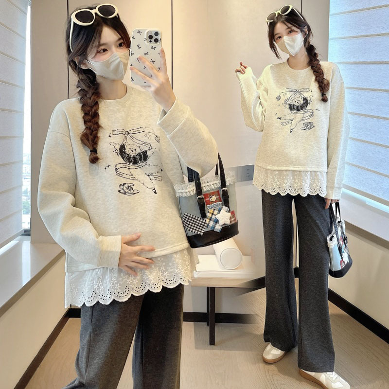 大码孕妇卫衣2025秋季新款时尚蕾丝拼接上衣女潮妈气质显瘦200斤