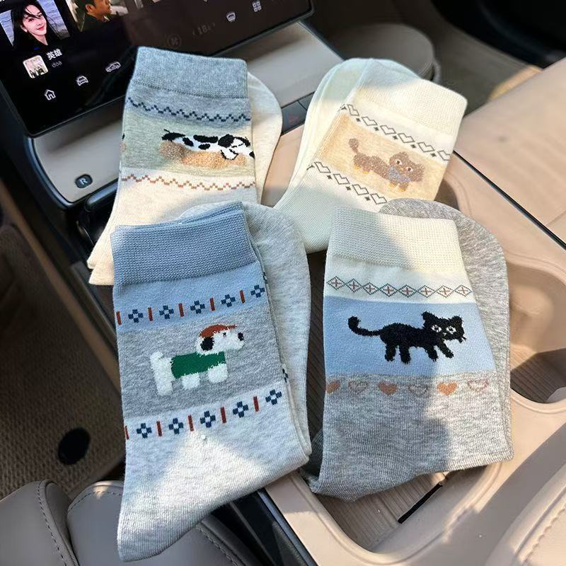 秋冬袜子女植绒小猫小狗秋款中筒袜女ins奶乎乎的日系袜子卡通L