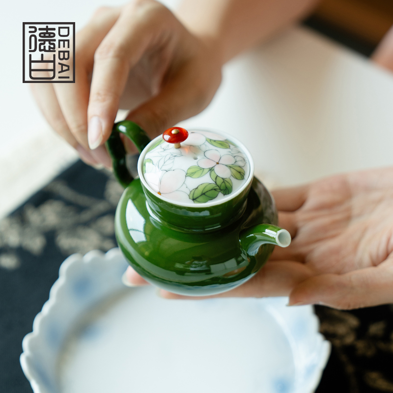 德白祖母绿纯手绘山茶花单壶女士小号茶壶家用陶瓷泡茶器功夫茶具