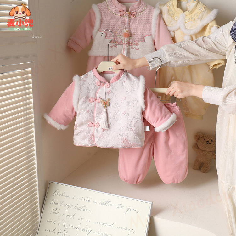 套装汉服女童唐装加厚中国风拜年服加绒保暖秋冬冬季复古古装中式