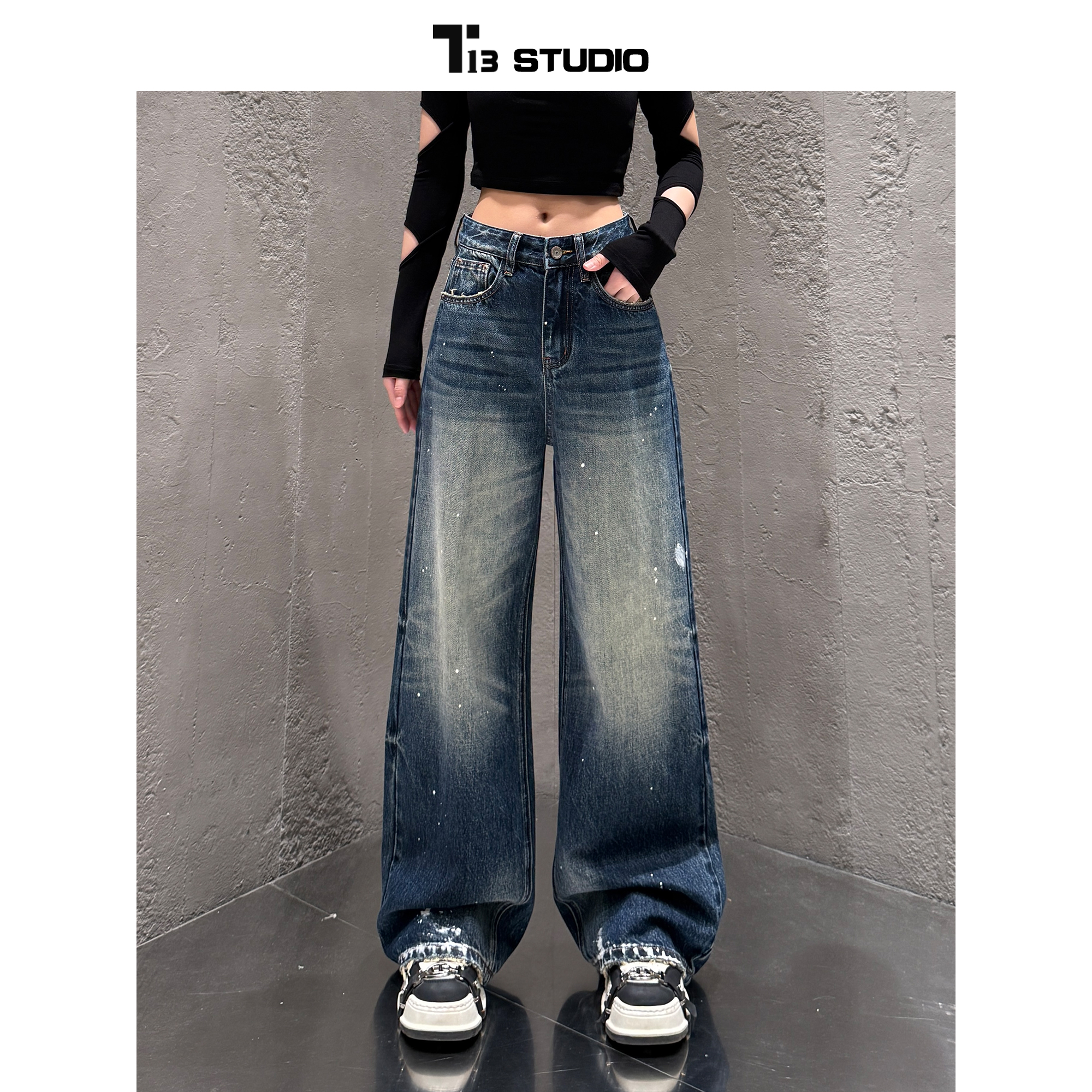 T13妮妮【YY1866】新款宽松中高腰显瘦直筒牛仔裤女款