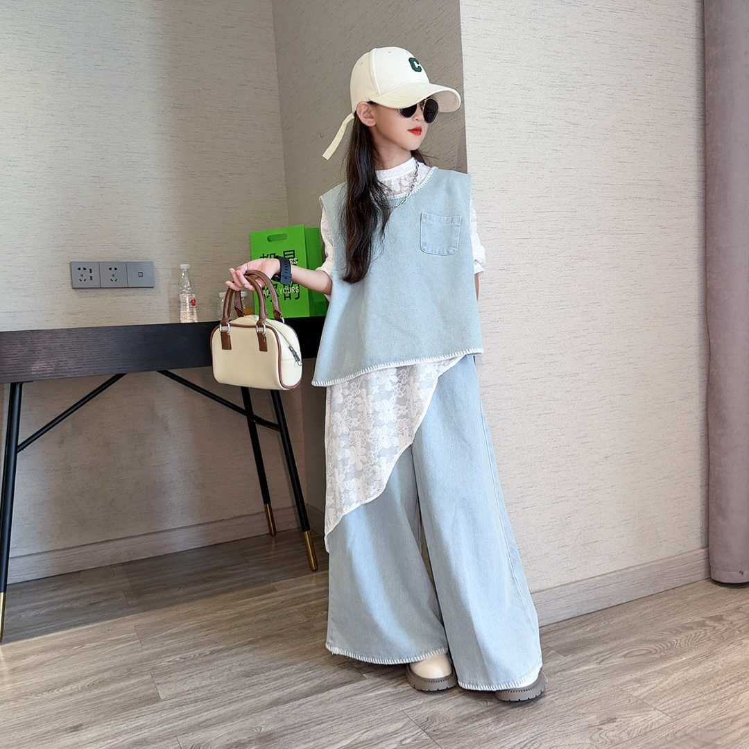 女童套装2025新款秋装不规则蕾丝牛仔马甲阔腿裤秋款洋气三件套