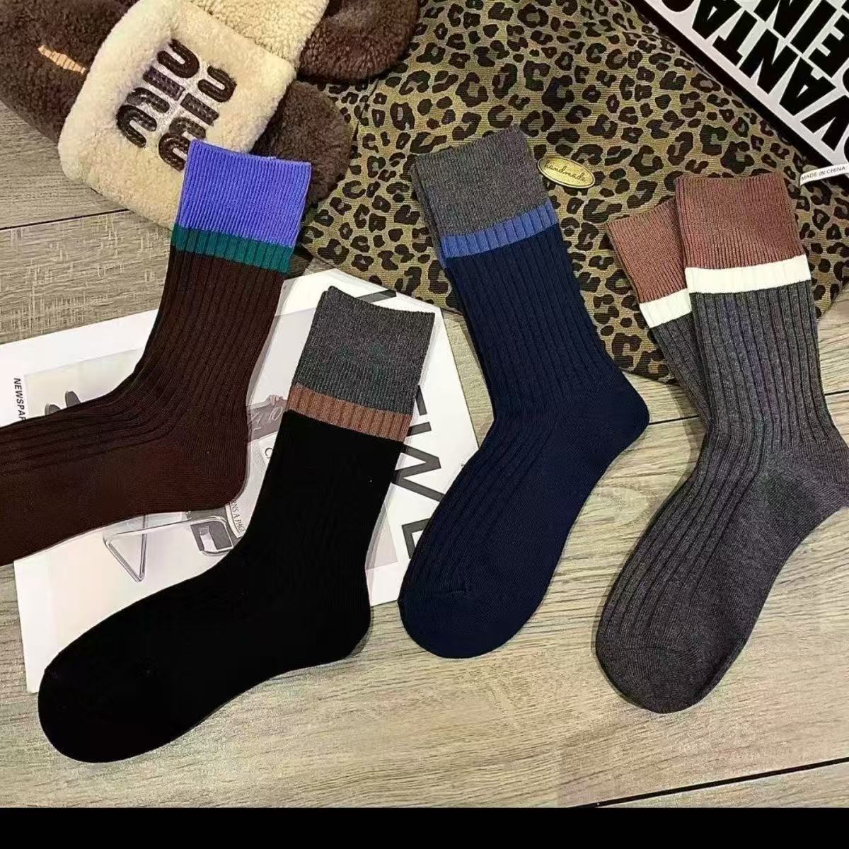 【4双装】秋冬季女袜子韩系长筒堆堆袜日系复古撞色条纹中筒袜韩版