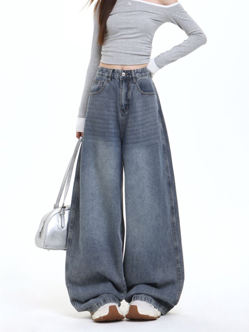 复古高街时尚阔腿牛仔裤女2025秋季新款高腰显瘦设计感宽松拖地裤