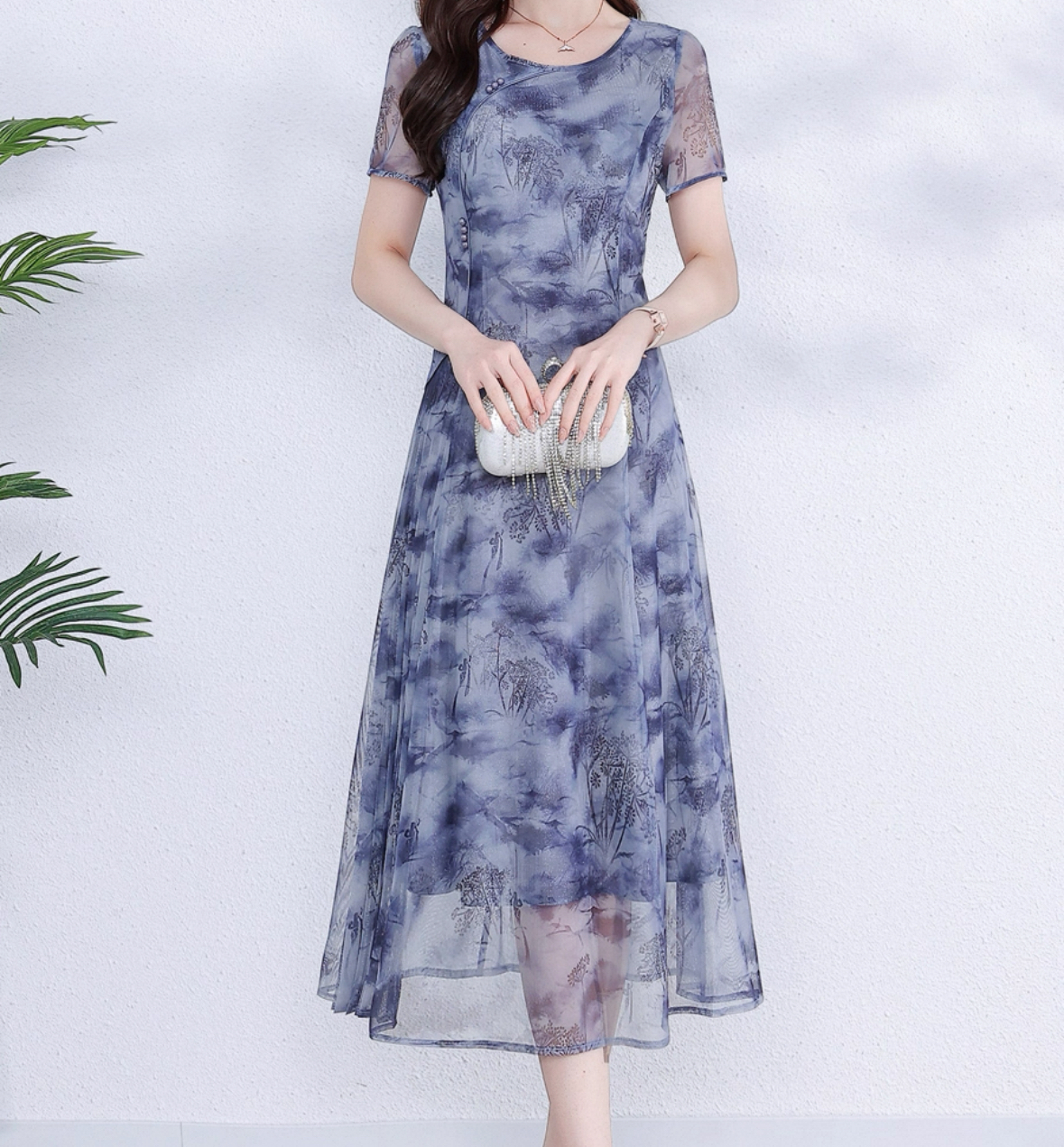 T1777 2025新款夏季短袖连衣裙国风优雅显瘦大气中长女裙子B5