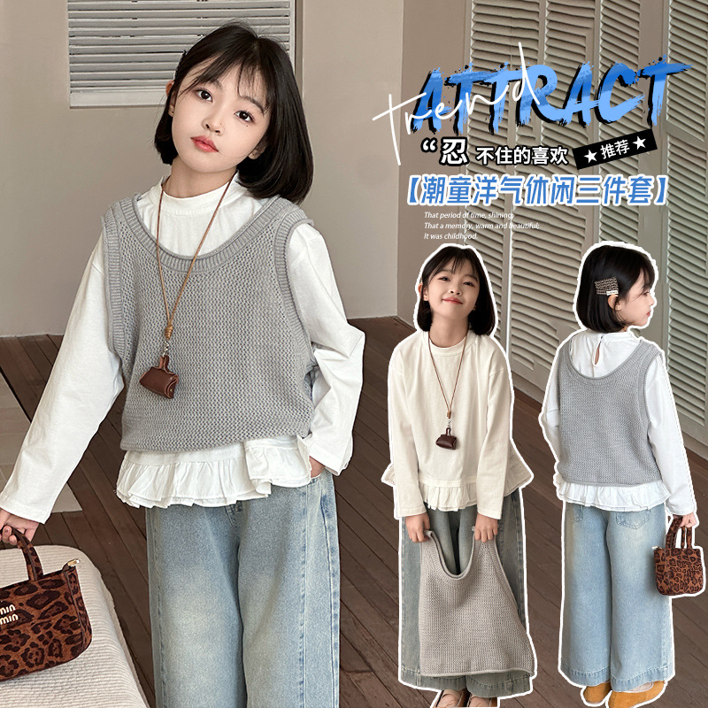 女童韩版2025新款春秋套装儿童森系打底衫女孩蕾丝花边马甲裤子三