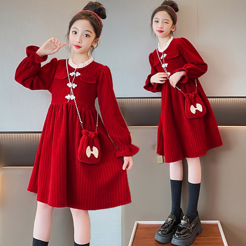 女童拜年服2025新款中大童过年喜庆衣服红色加绒加厚连衣裙秋冬款