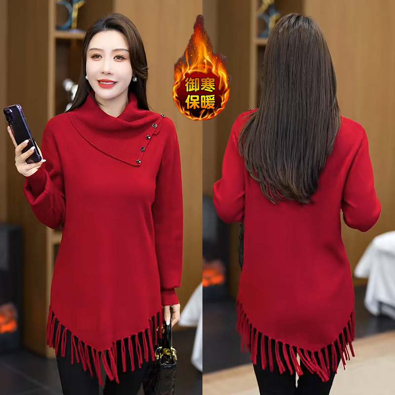 拉夏贝尔时尚保暖毛针织衫女2025冬季新款洋气显瘦中长款流苏毛衣