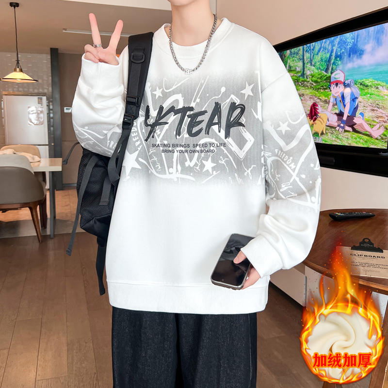 青少年加绒加厚男士卫衣学院风潮流学生宽松百搭休闲印花长袖T恤
